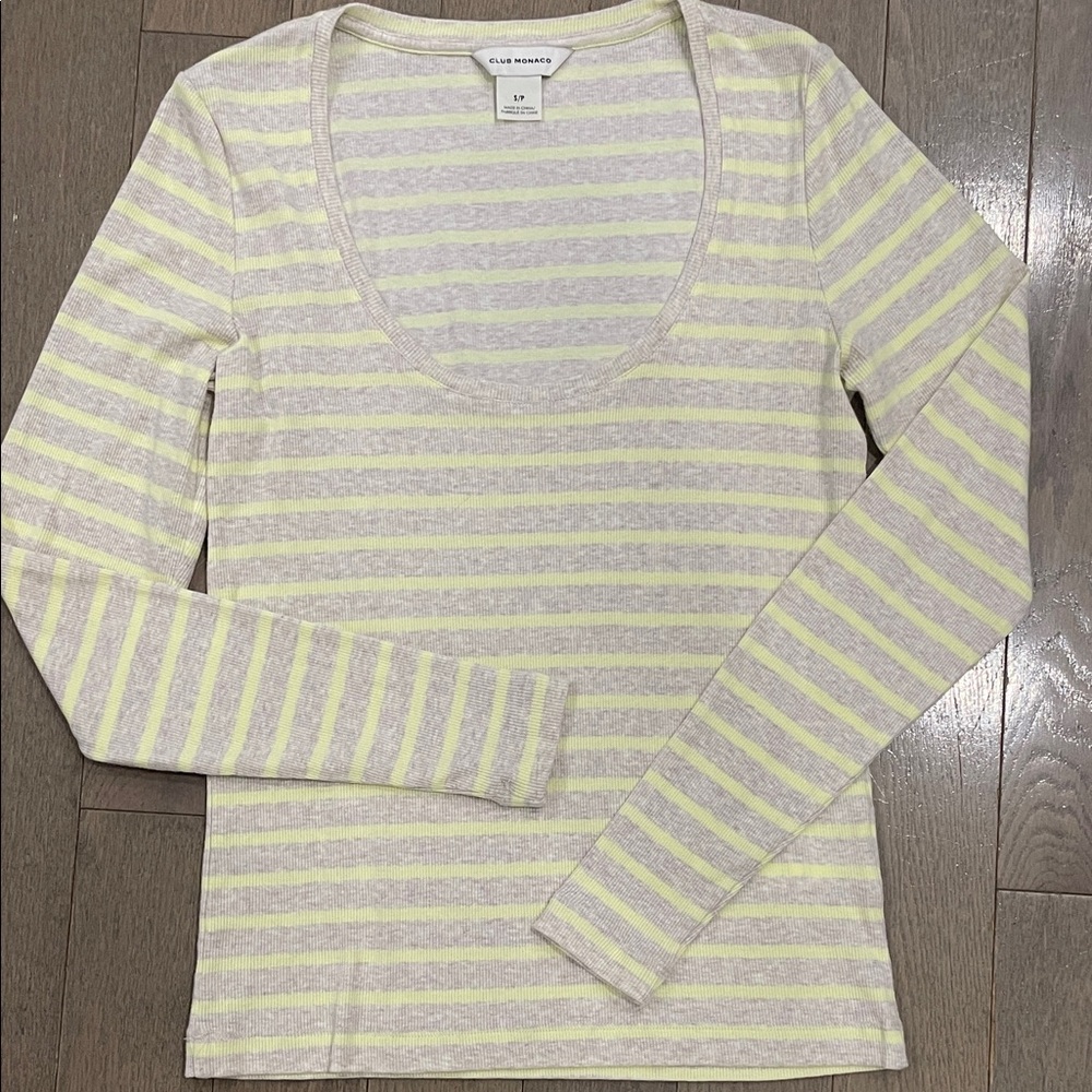 Club Monaco Gray & Yellow Striped Top - Size S - Soft Rib-Knit - Scoop Neck